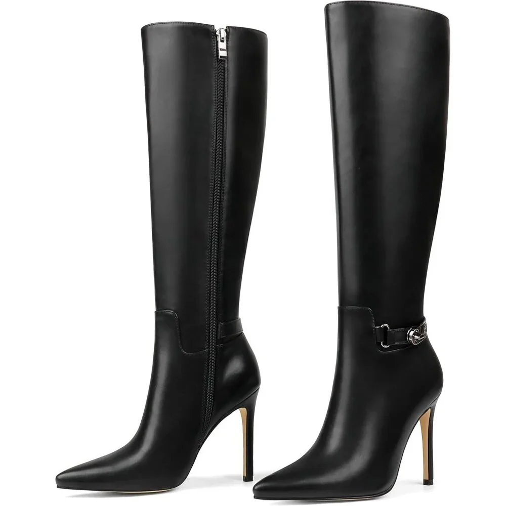 Women's Knee High Pointed Toe Stiletto Buckle Slouch Zipper Heeled Boot Black - Picture 1 of 6